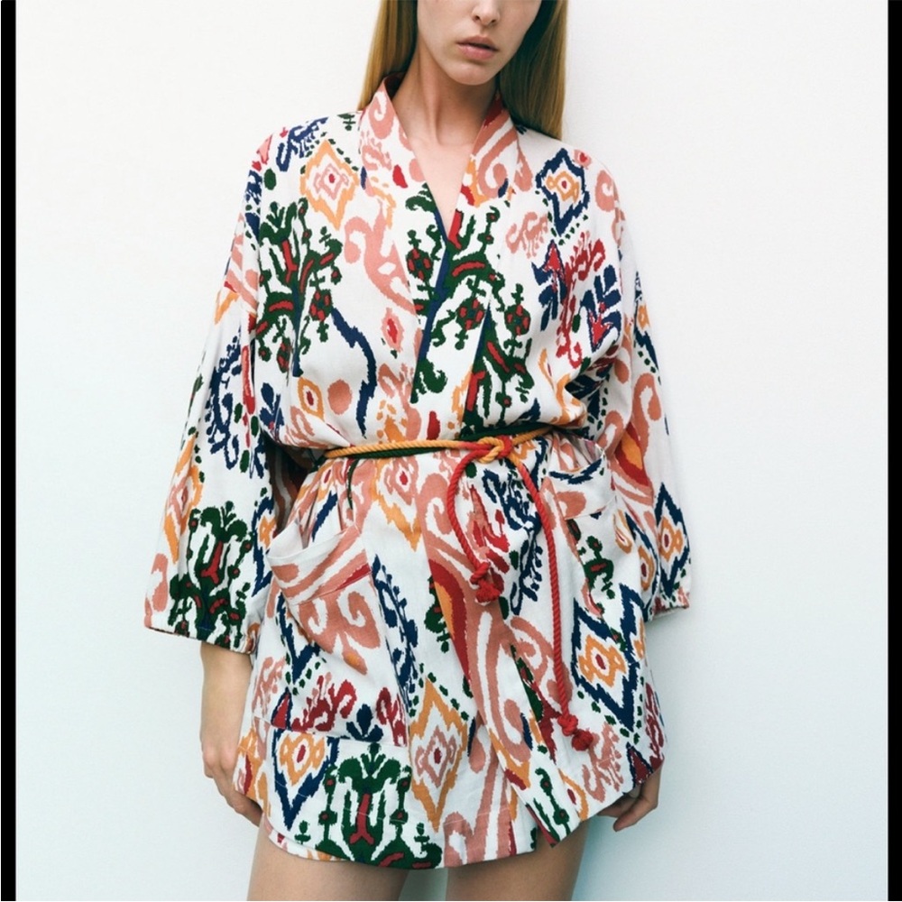 NWT Zara Linen Blend Multicolour Tribal Print Hanoi Kimono With Pockets Size S